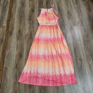 GILLI Halter Maxi Dress Medium Colorful Resort Vacation Cruise Keyhole Neck Pink